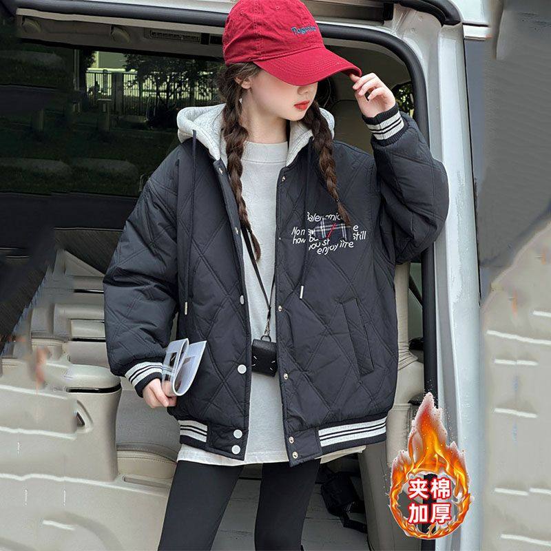 女童加绒加厚连帽外套2025秋冬季新款洋气夹棉棒球服女孩深棉服