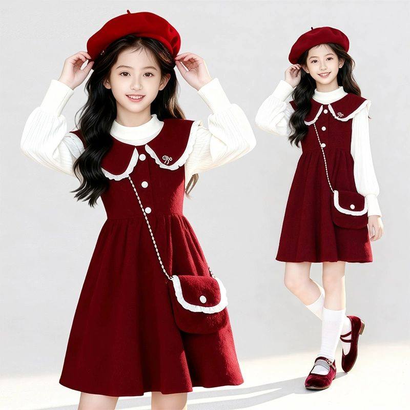 女童加厚连衣裙套装2026冬季新款小女孩甜美背心裙喜庆红色两件套