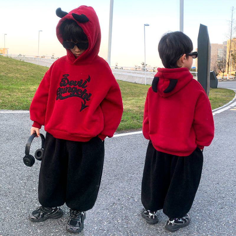 男童加绒卫衣韩版潮酷儿童小恶魔连帽衫一体绒2025冬季宝宝厚上衣