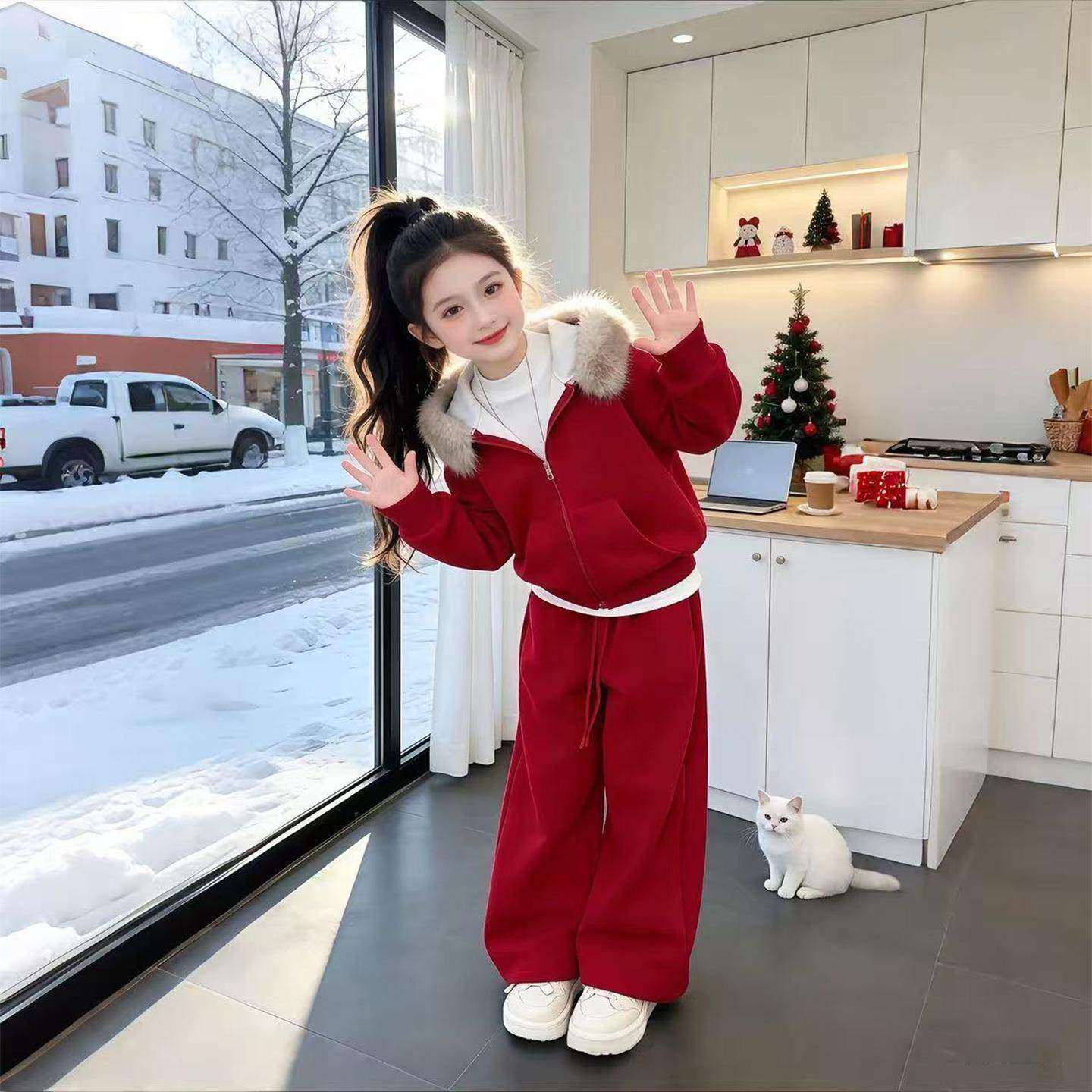 女童奥粒绒运动套装2026秋冬季新款女孩初中生卫衣外套加厚两件套