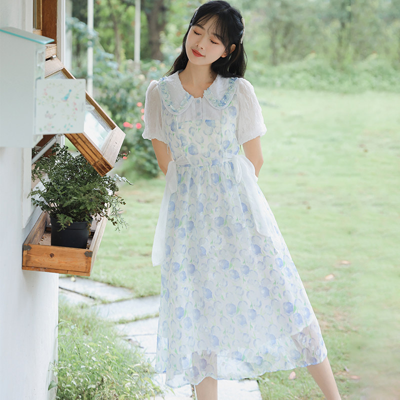 法式娃娃领碎花连衣裙女夏季12岁