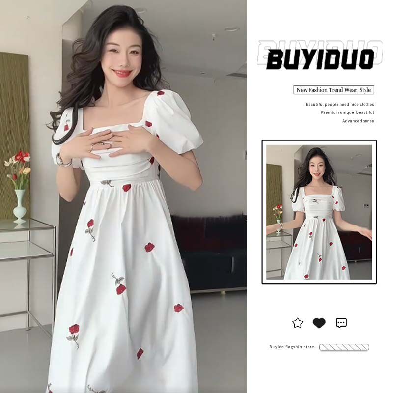 大码法式复古玫瑰连衣裙女夏季胖