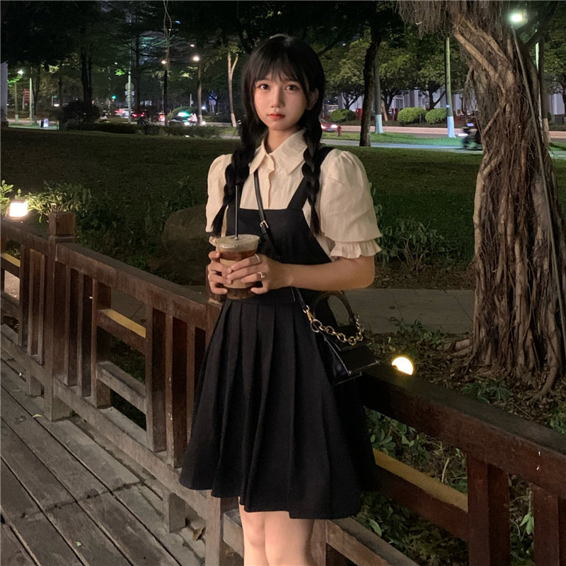 夏季新款假两件衬衫背带裙Polo领
