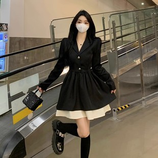 大码胖mm赫本风高级感西装连衣裙女秋季法式公主蓬蓬裙礼服小黑裙