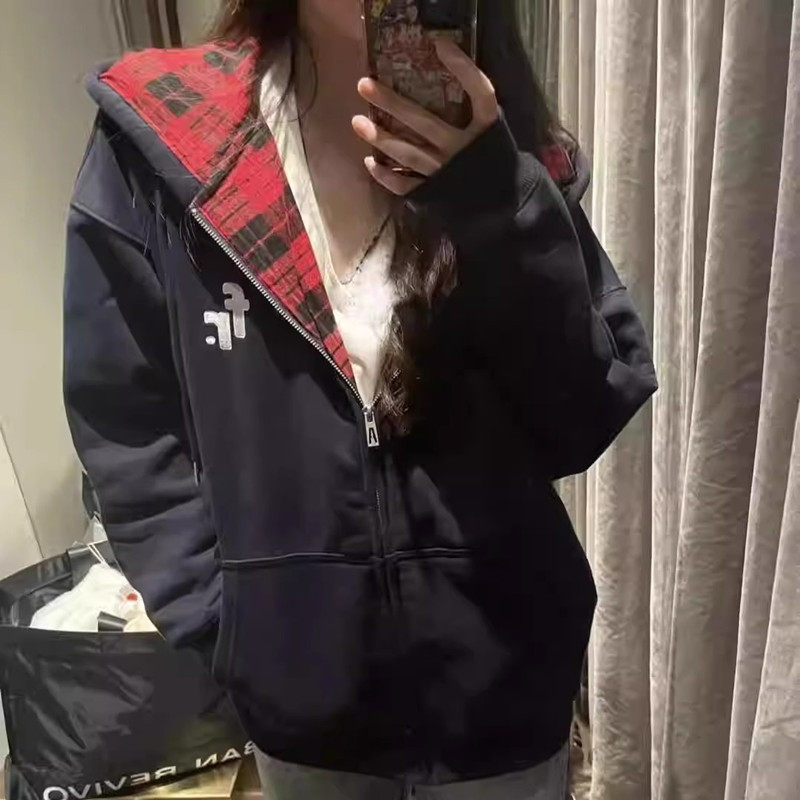 美式复古格子拼接开衫连帽卫衣女秋冬新款宽松oversize休闲外套潮