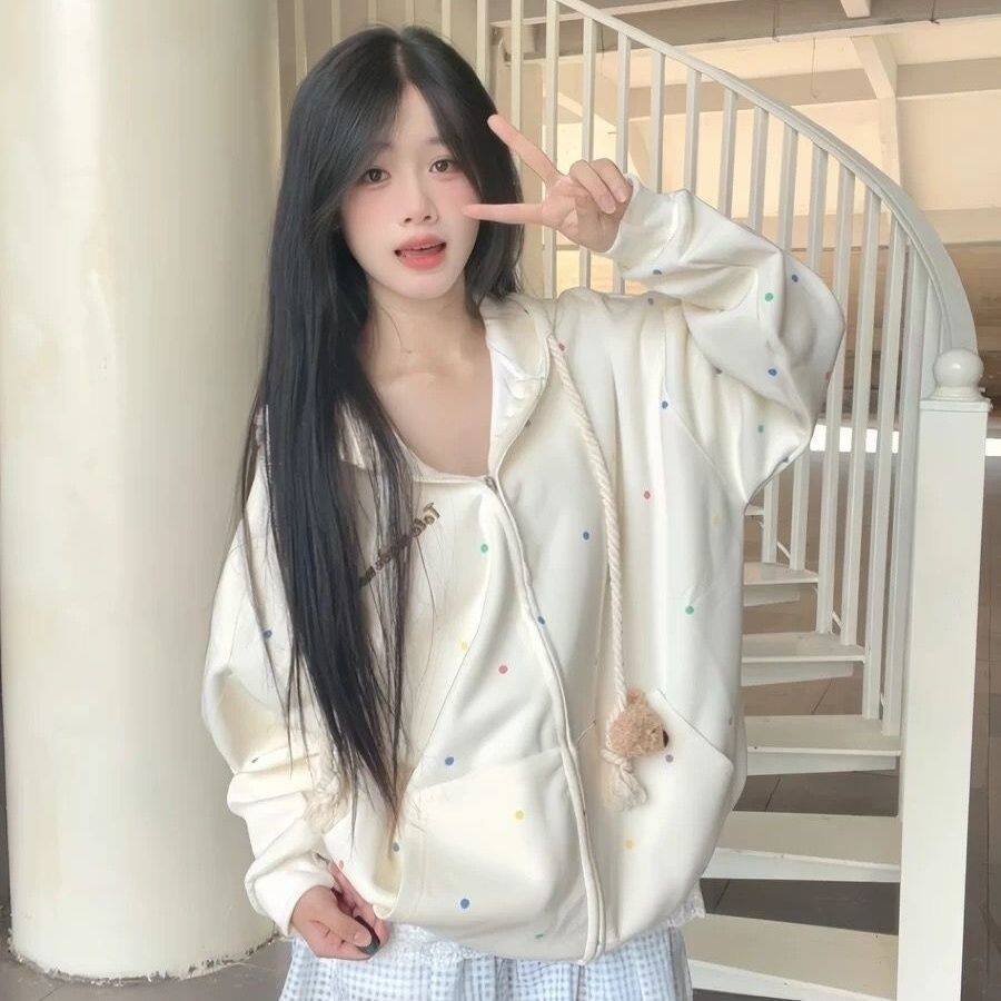 可爱连帽开衫卫衣女设计小熊彩色波点甜美学院宽松薄款加绒外套女