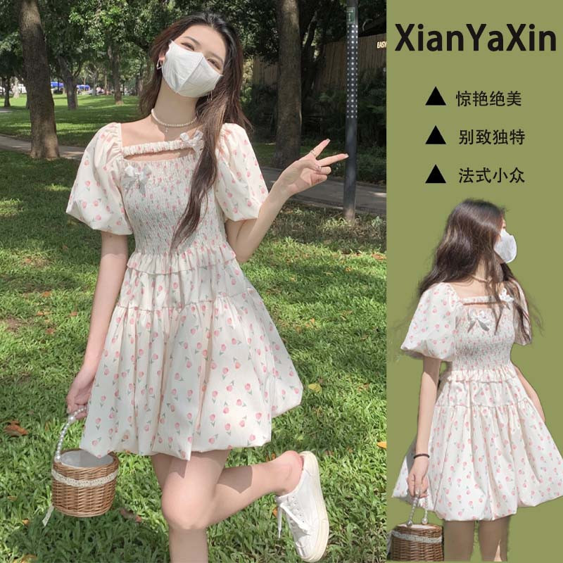 夏季韩版小清新褶皱方口领碎花连