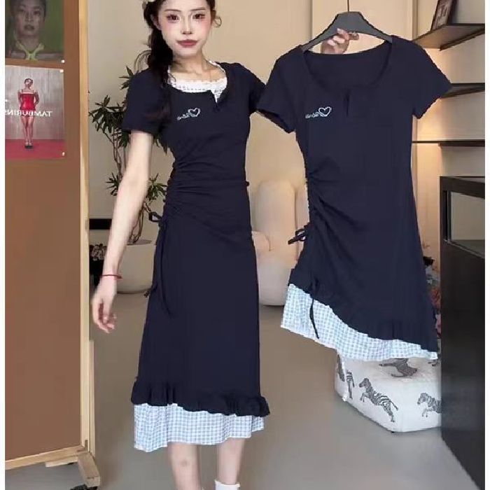 韩系小个子假两件抽绳收腰显瘦长裙子夏季纯欲风短袖挂脖连衣裙女