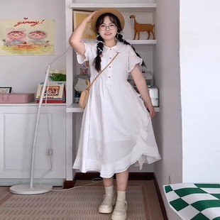 温柔风大码女装夏季甜美仙女可爱胖mm初恋长款收腰显瘦A字连衣裙