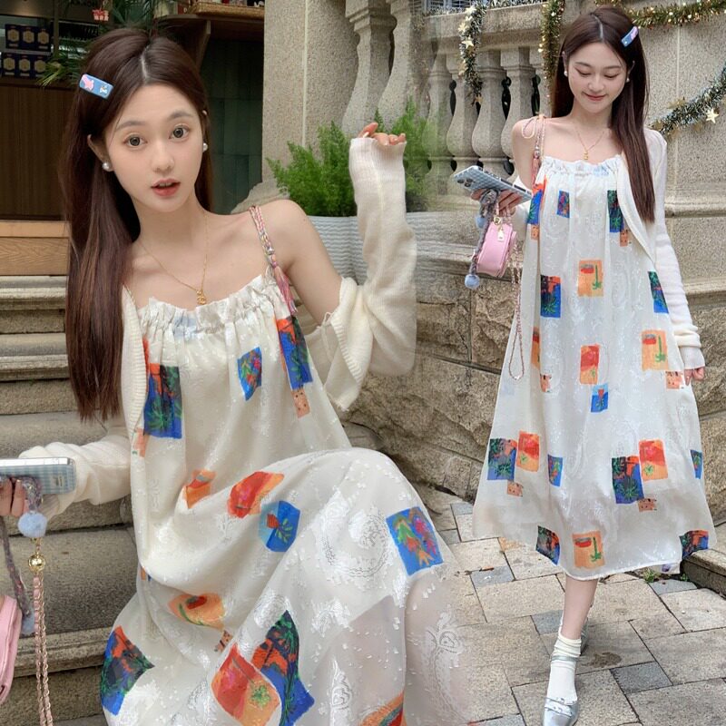 波西米亚风彩色吊带连衣裙女夏小