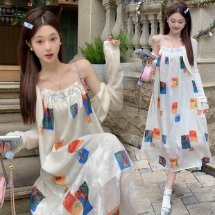 波西米亚风彩色吊带连衣裙女夏小个子海边度假五一出游穿搭长裙子