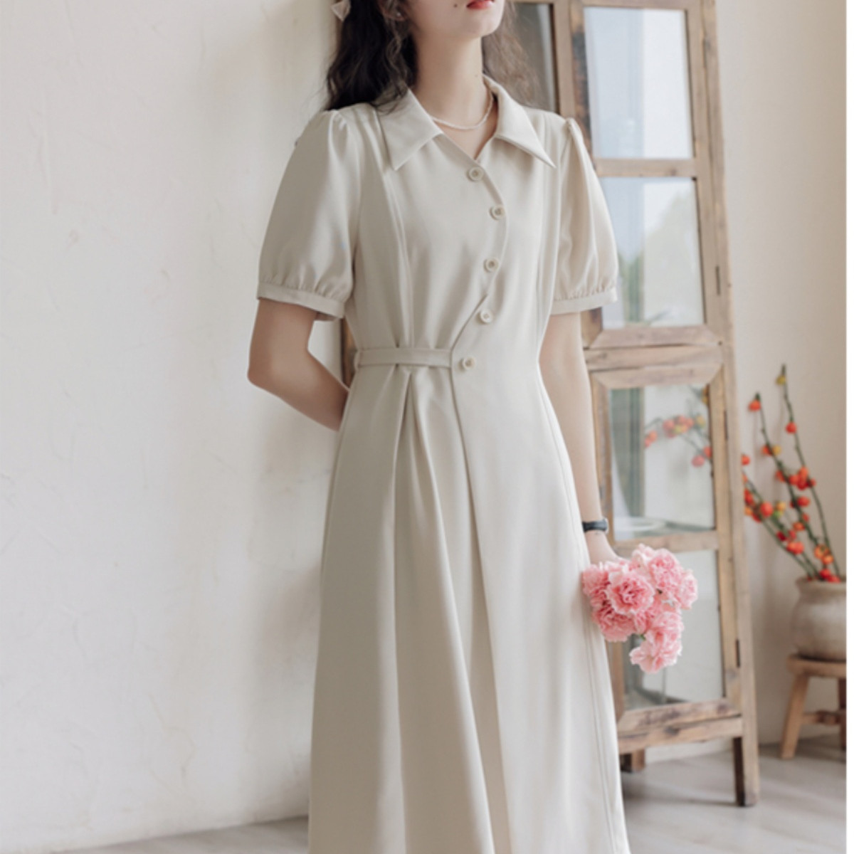 夏季新款法式泡泡袖衬衫连衣裙女