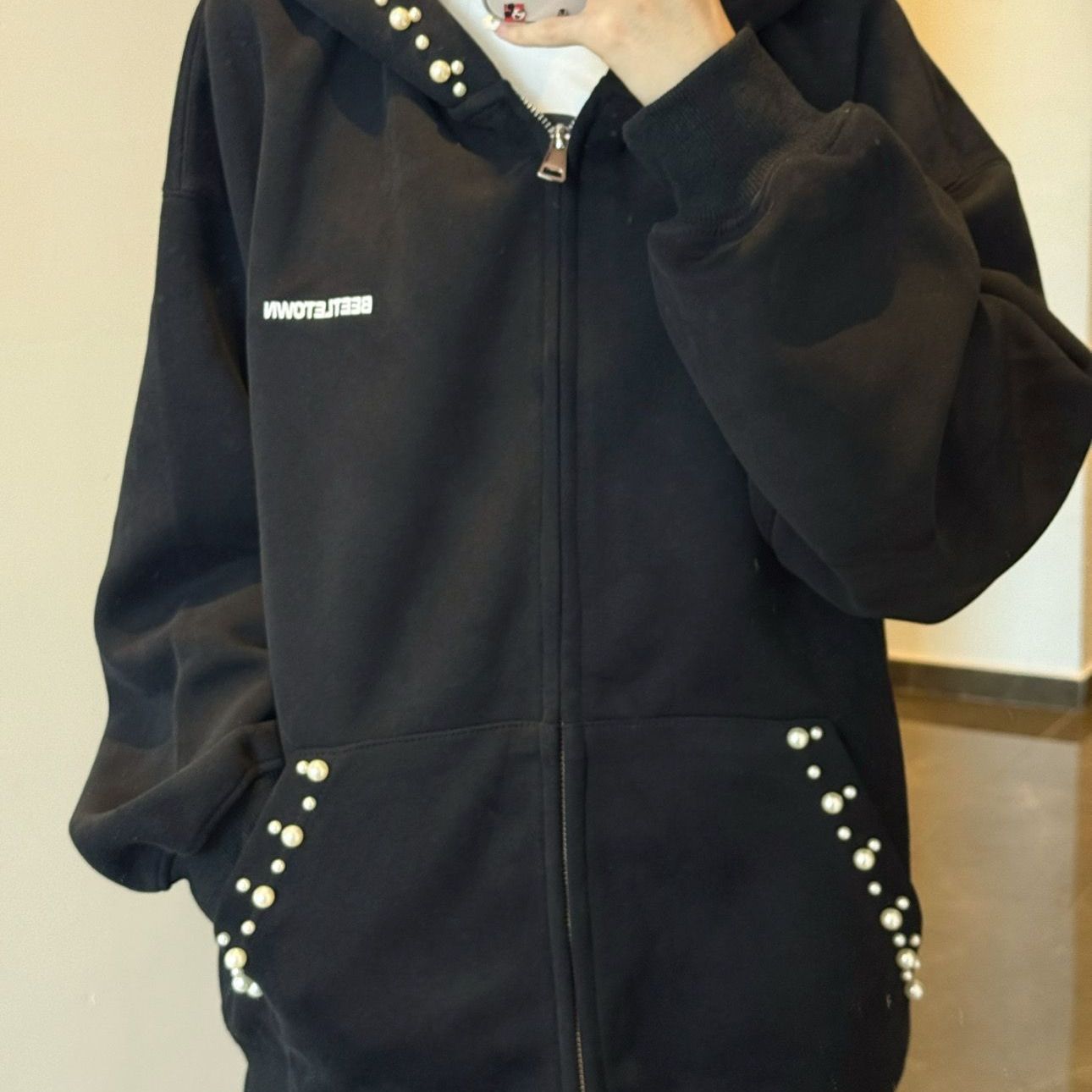 美式珍珠字母刺绣连帽卫衣女秋冬设计感小众潮牌宽松复古开衫外套