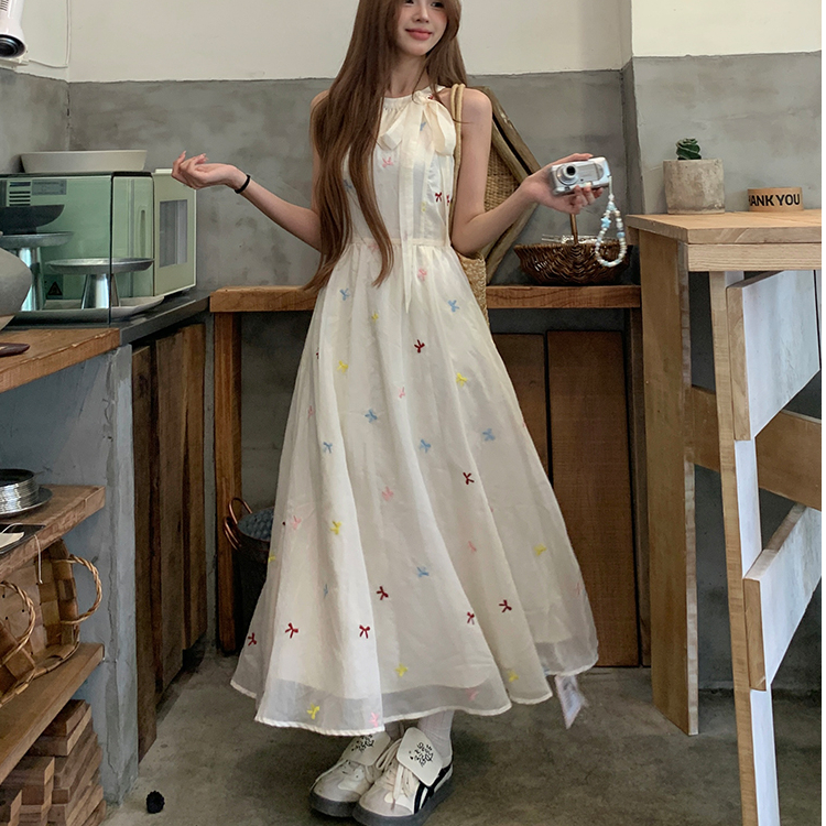 夏季新款法式气质蝴蝶结挂脖连衣