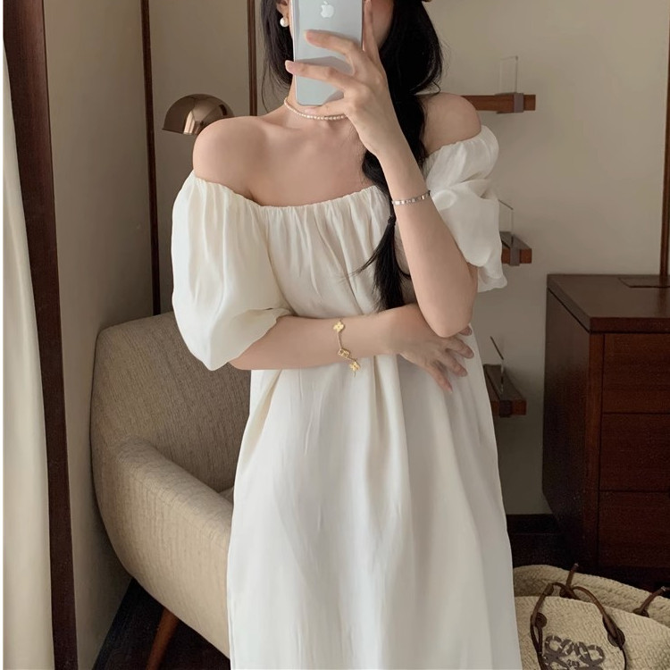 港味雪纺方领泡泡袖连衣裙女夏季