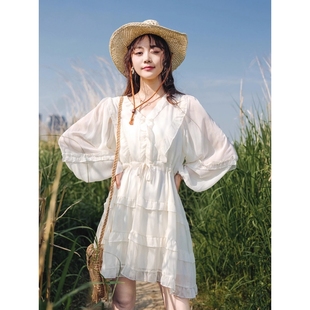 春秋甜美木耳边雪纺收腰连衣裙裙子女2025春秋新品高腰a字裙短裙