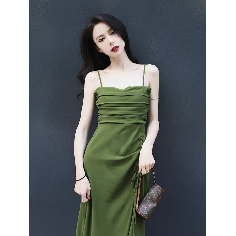 夏季中长款牛油果绿小个子仙女裙