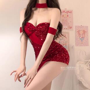 性感兔女郎cos服新年抹胸紧身超短包臀连衣裙纯欲辣妹套装女