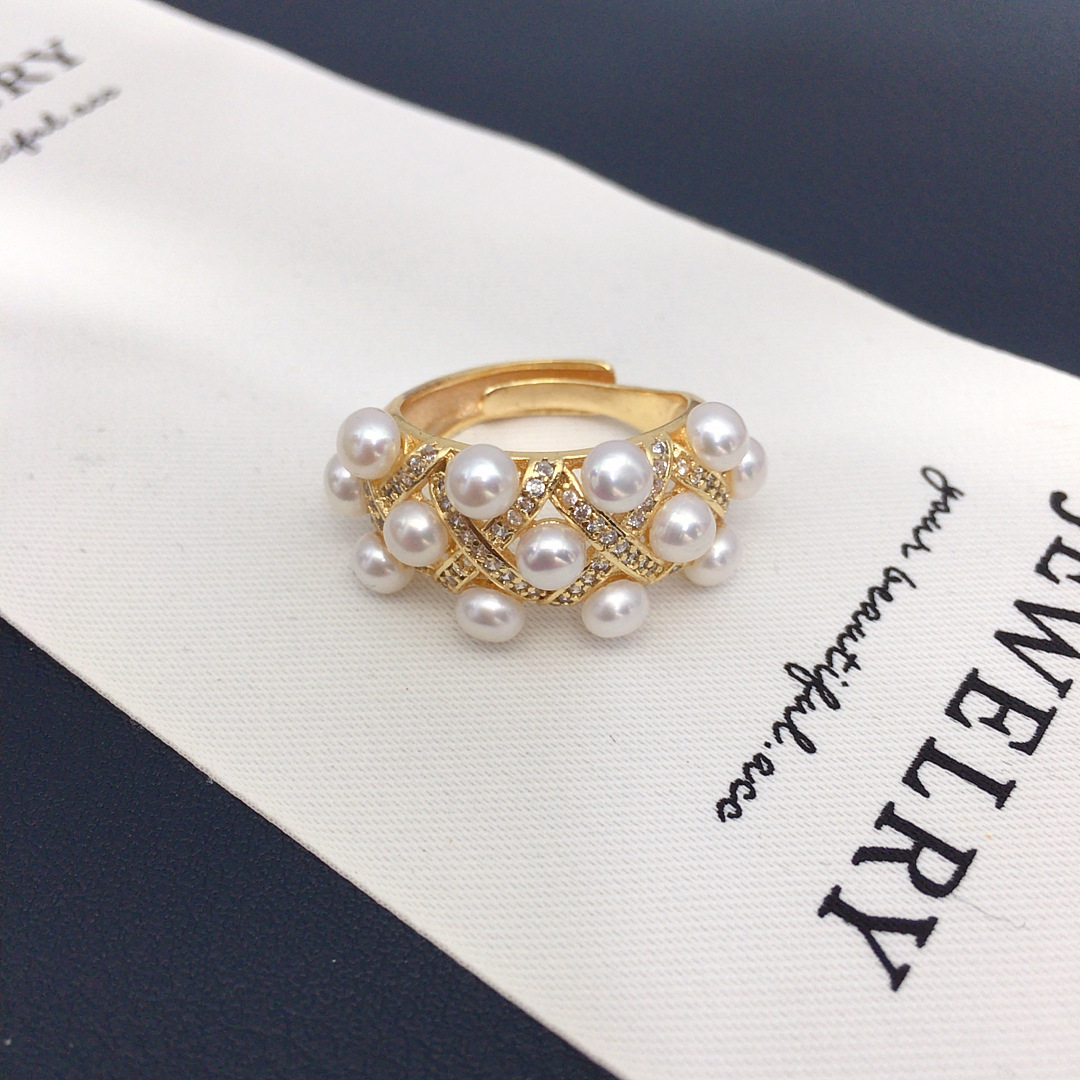 天然淡水珍珠戒指开口多珠宽版豪华珍珠戒指手饰珍珠可调节戒指