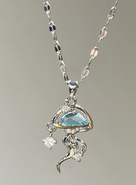 S925纯银蓝色水母项链小众设计高级感海洋风吊坠个性百搭锁骨链女