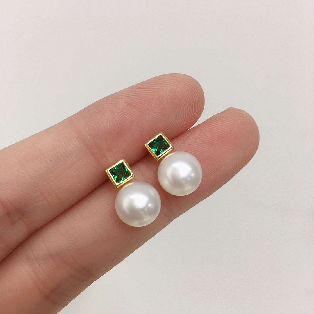 淡水珍珠耳钉女简约绿锆石王妃戴妃珍珠耳饰ins风