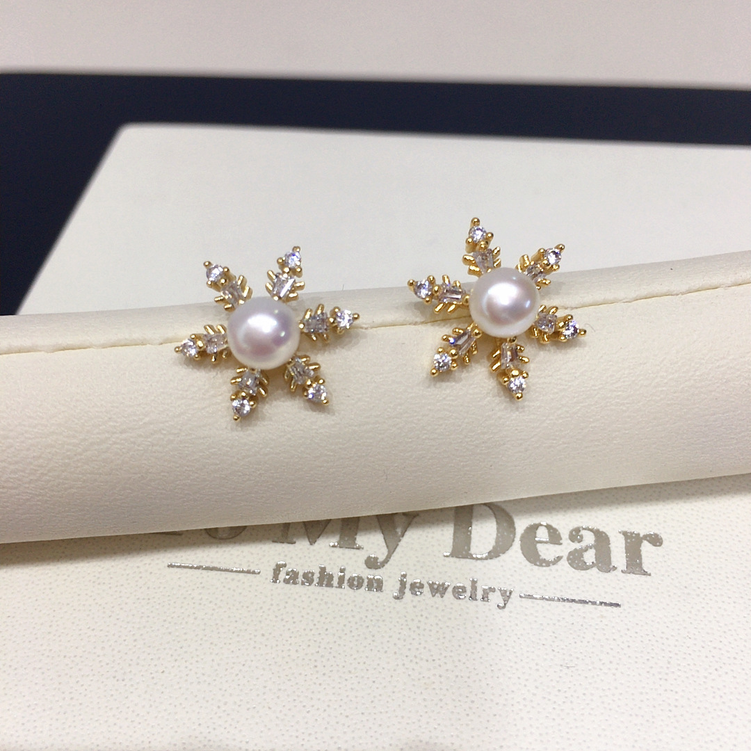 源产地诸暨天然淡水珍珠耳钉女雪花锆石金色耳钉珍珠耳饰