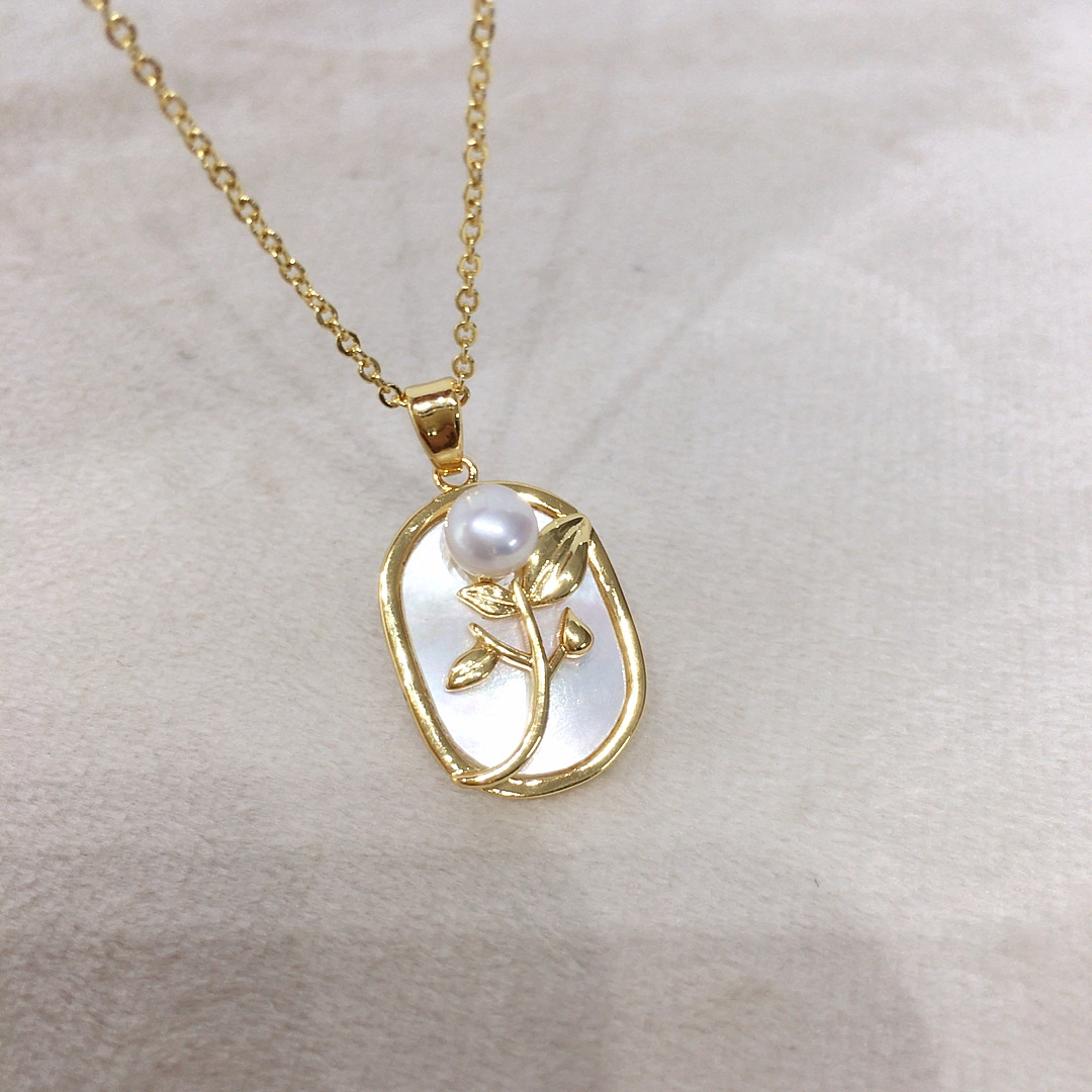 淡水珍珠天然海贝贝母花朵玫瑰天然淡水珍珠吊坠珍珠项链礼物