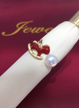 天然淡水珍珠戒指可爱红色小飞马木马开口可调节珍珠手饰