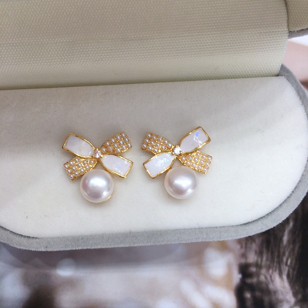 5A级天然淡水珍珠耳钉女韩版蝴蝶结耳环18K包金保色耳饰