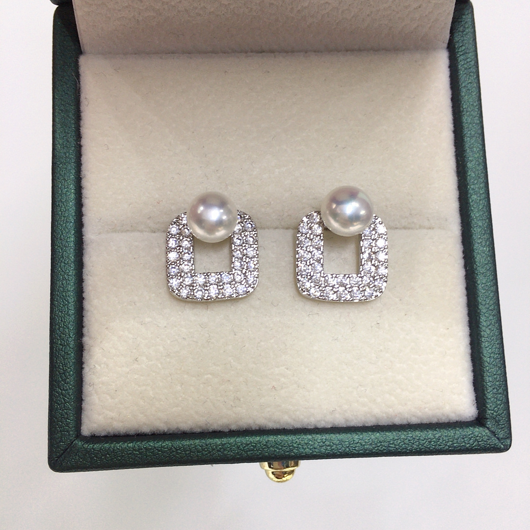高品质天然淡水珍珠耳钉女精致微镶锆石几何方形时尚珍珠耳环