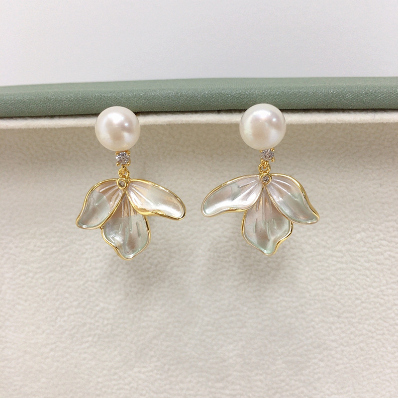 天然淡水珍珠耳环女18K包金流苏叶子优雅清新珍珠耳钉S925纯银针