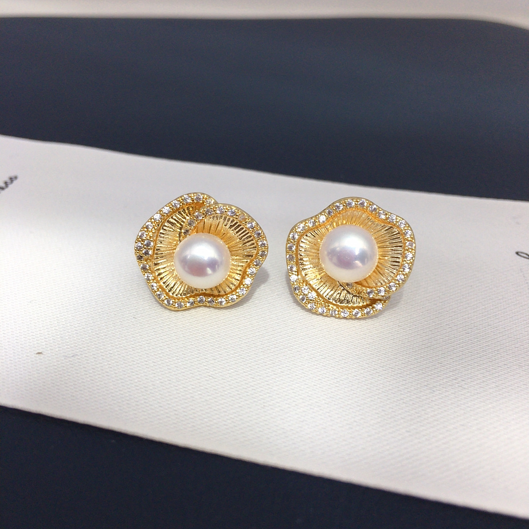 精工款天然淡水珍珠耳钉优雅复古微镶锆石荷叶边珍珠耳饰诸暨货源