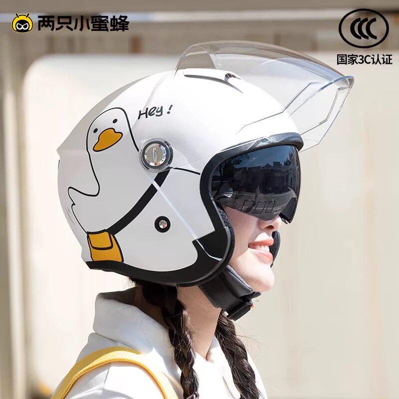 两只小蜜蜂卡通半盔摩托车头盔女3C认证四季通用骑行护目镜