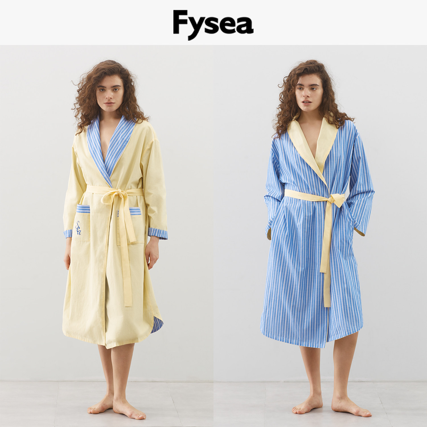 Fysea刺绣睡袍双面穿纯棉舒适春夏秋晨袍撞色条纹家居服男女款