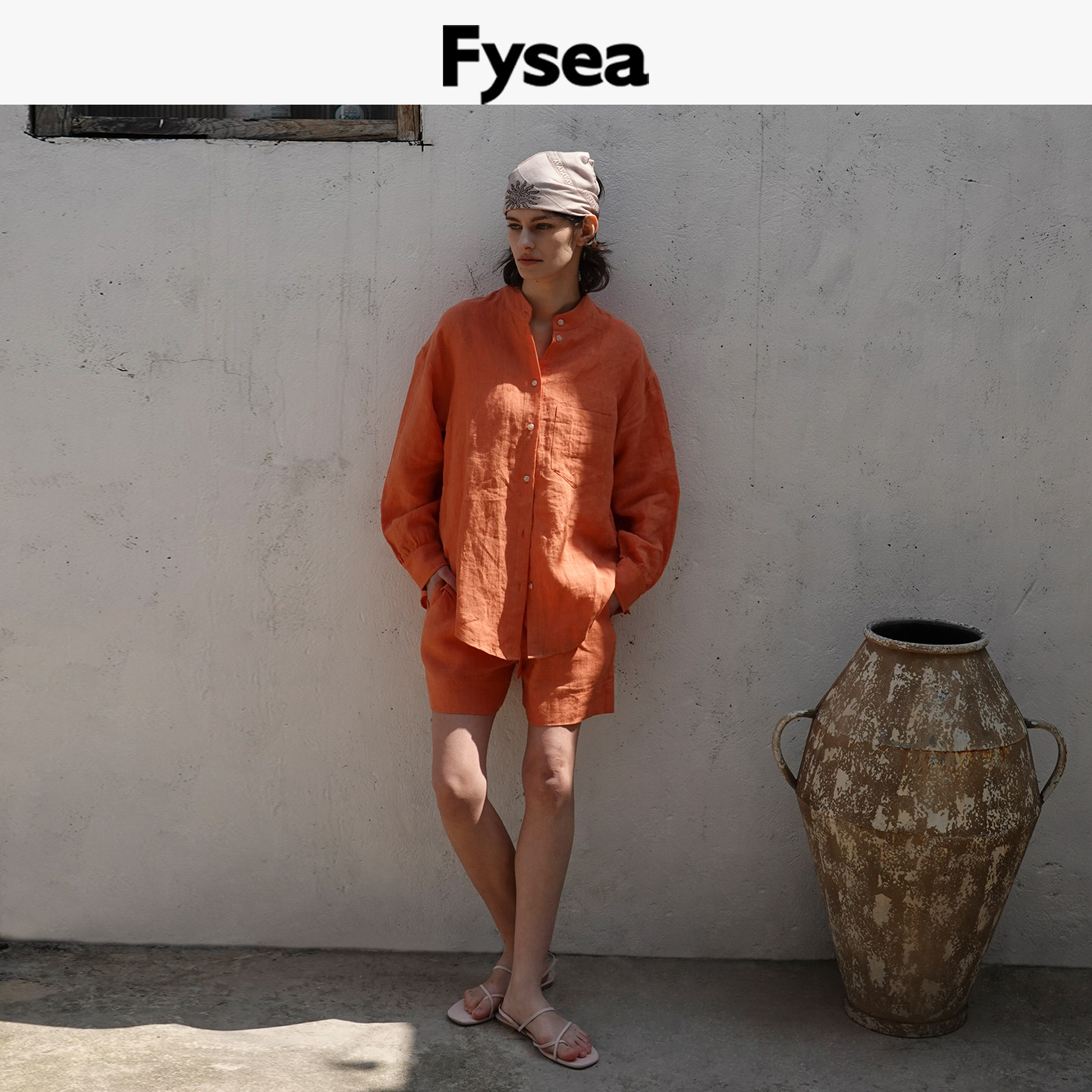 Fysea色彩度假风立领衬衫纯亚麻图片