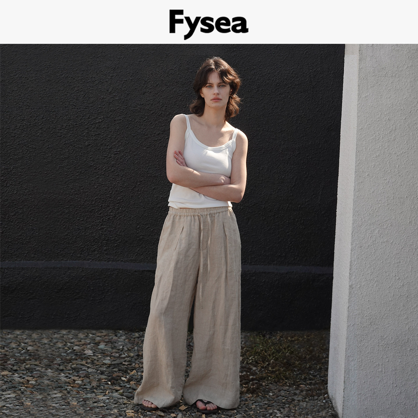 Fysea纯亚麻条纹阔腿裤时髦百搭图片