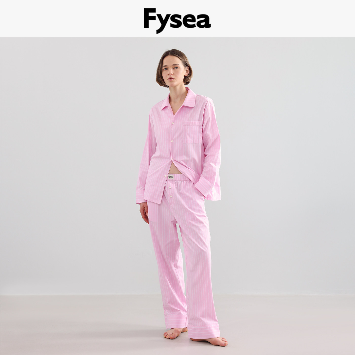 Fysea极地粉条纹定织纯棉睡衣睡裤家居服套装春夏秋冬外穿男女款