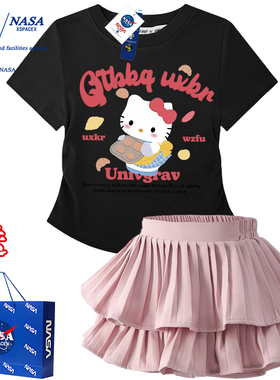 NASA联名女童凯蒂猫白色修身短袖t恤蓬蓬公主裙子黑色短裙两件套