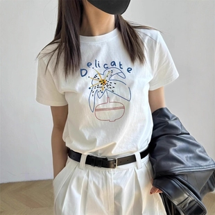 女T恤夏圆领正肩体恤显瘦宽松上衣 日系手绘花朵卡通印花白色短袖