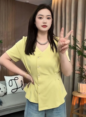 大码女装胖mm收腰遮肚子正肩短袖T恤夏季新款气质v领宽松显瘦上衣