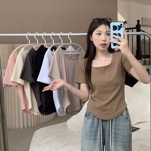大码 洋气上衣 胖mm遮肚子显瘦别致甜美正肩方领t恤女2025夏季 新款