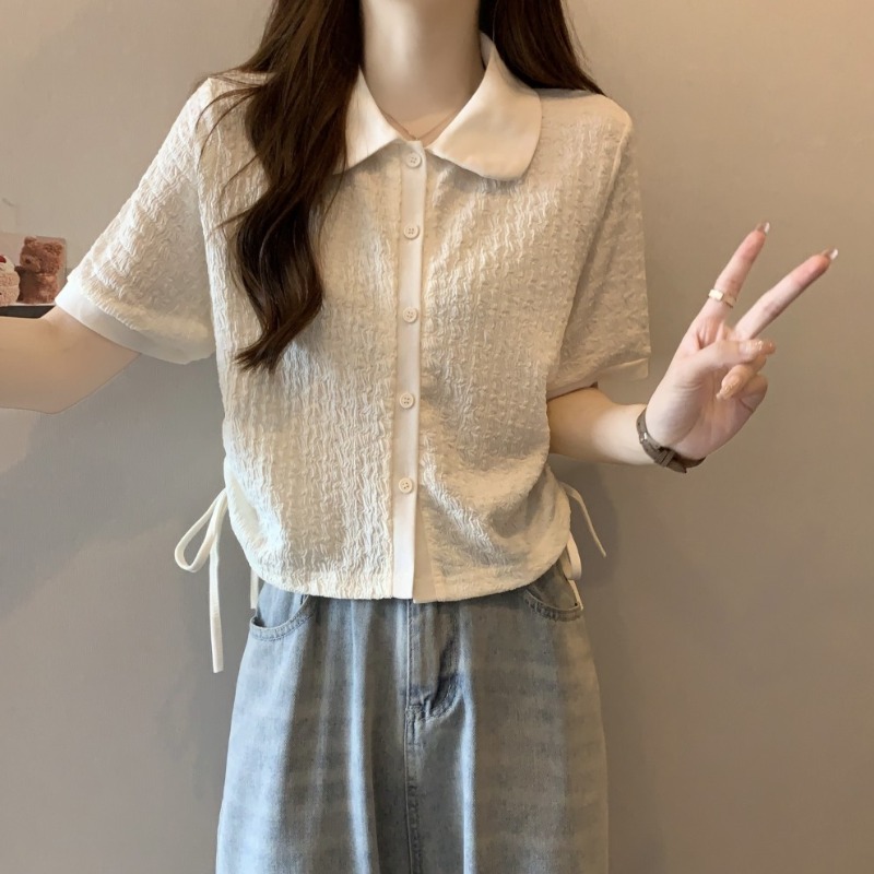 大码正肩短袖t恤女2025新款夏季胖mm显瘦撞色抽绳短款娃娃领上衣