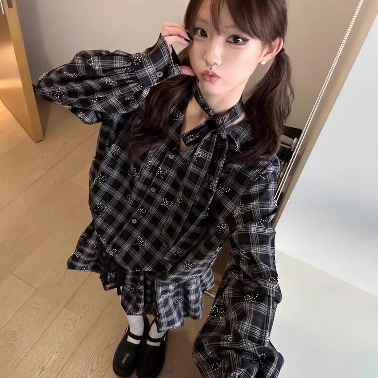 覆古灰黑色格纹蝴蝶结连衣裙女2024秋季宽松收腰显瘦长袖衬衫短裙