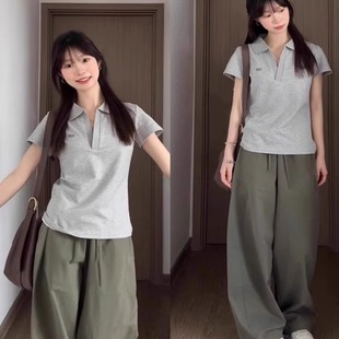 2025新款 美式 t恤女夏季 复古POLO衫 设计感小众V领上衣 灰色正肩短袖