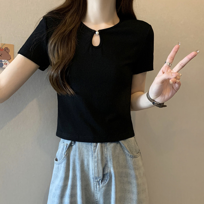 黑色短袖t恤女2025新款夏季大码胖妹妹显瘦正肩修身高腰短款上衣