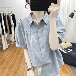衬衫 棉麻短袖 衬衣苎麻灯笼袖 polo领百搭上衣 女式 夏装 大码 2025新款