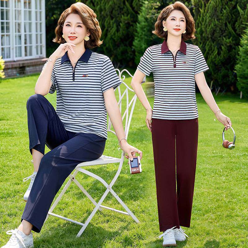 专柜品牌妈妈夏装运动服套装条纹T恤2026新款中老年女夏季短袖上