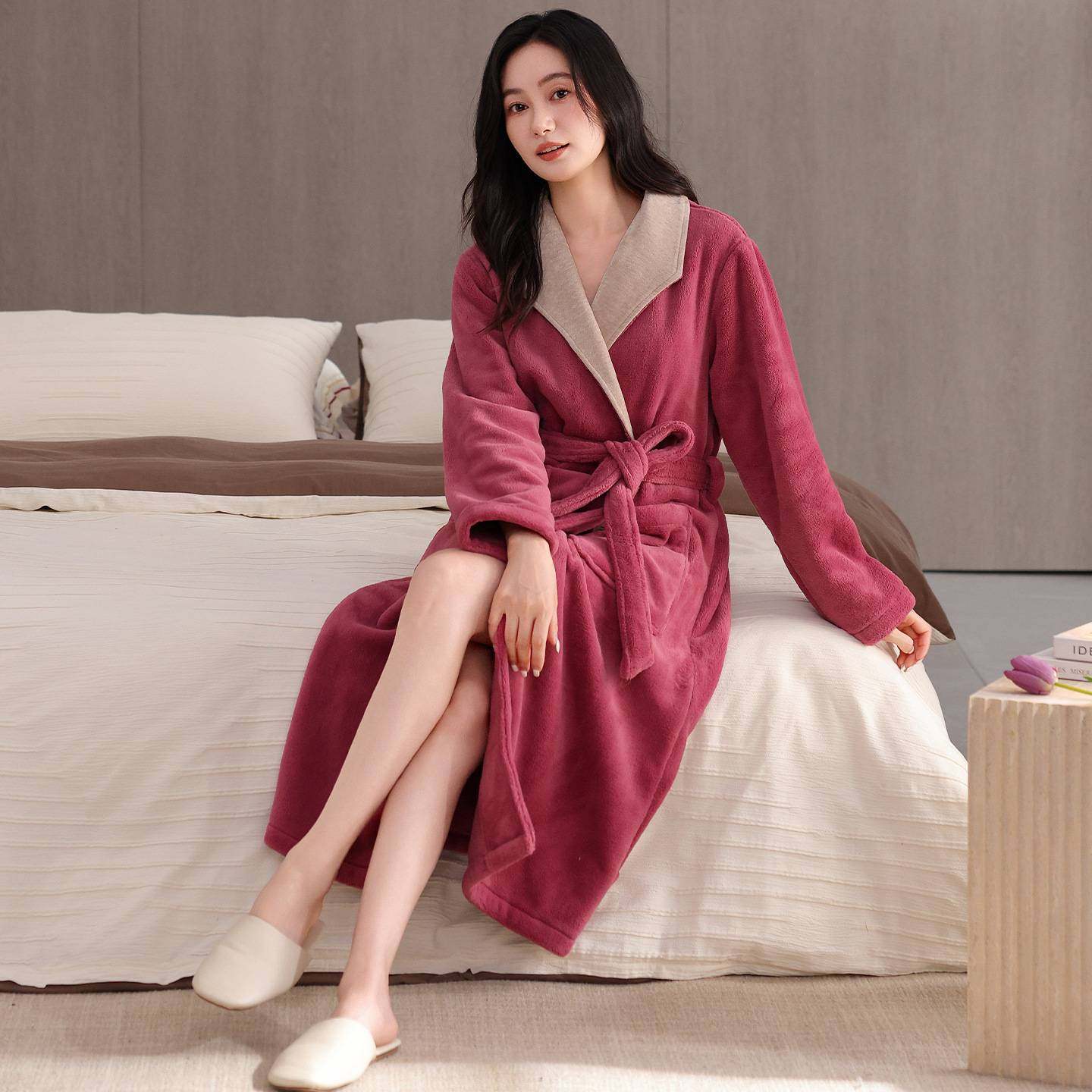 官方品牌25新款法兰绒睡袍女冬季加绒加厚保暖中长款珊瑚绒浴袍冬