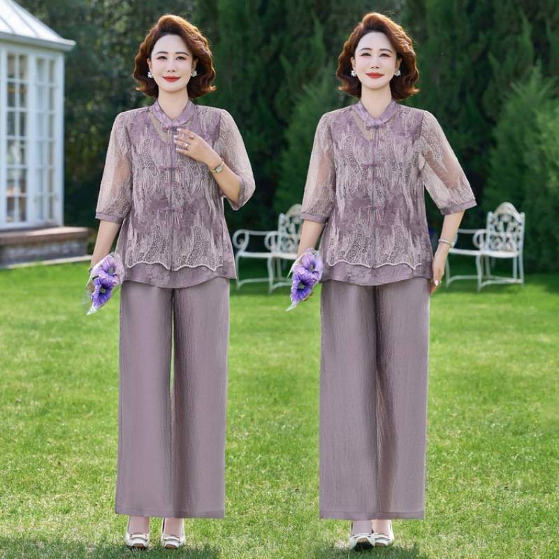 专柜品牌中老年女时尚夏款百搭新款显瘦两件套洋气套装上衣裤子女