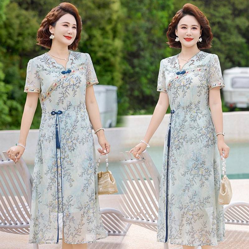 专柜品牌气质妈妈装夏装显瘦国风连衣裙中老年女装大码短袖中长款
